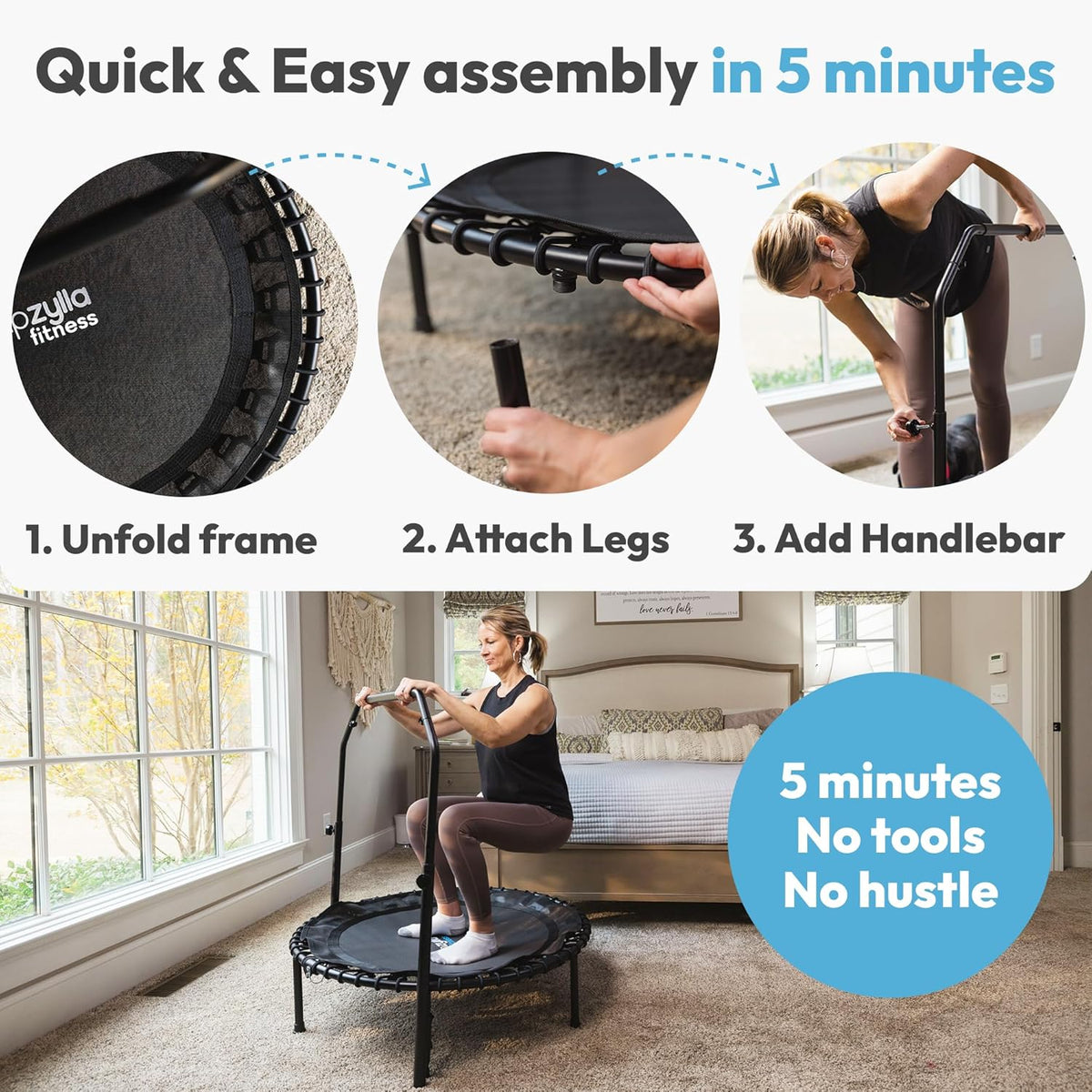 Rebounder Fitness Trampoline With Bungee Cords | ASTM Certified | Foldable | 450 lbs limit