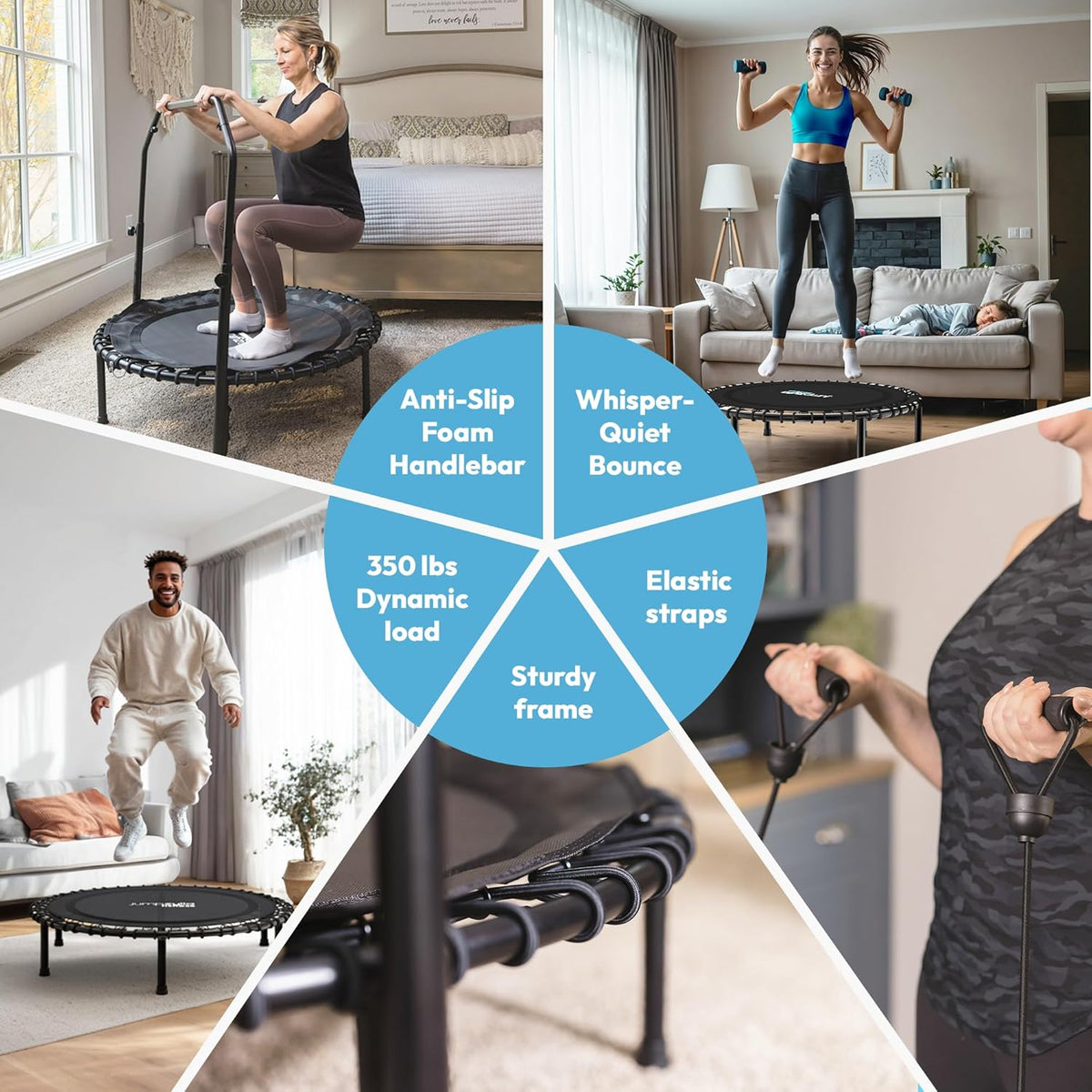 Rebounder Fitness Trampoline With Bungee Cords | ASTM Certified | Foldable | 450 lbs limit