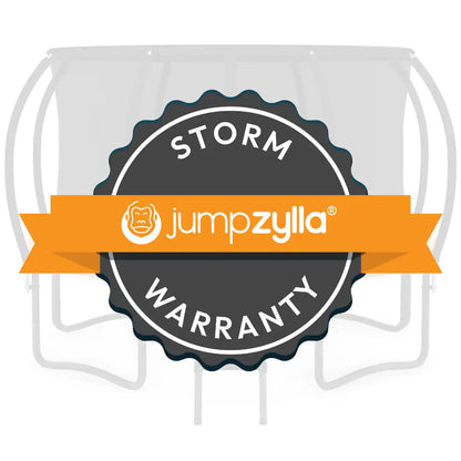 A circular black and white storm warranty badge with an orange banner across the middle reading 'storm warranty' and the Jumpzilla logo, overlaid on a faint trampoline outline.