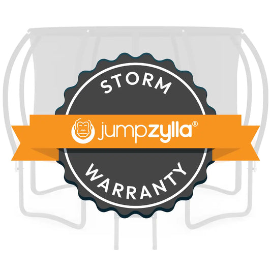 A circular black and white storm warranty badge with an orange banner across the middle reading 'storm warranty' and the Jumpzilla logo, overlaid on a faint trampoline outline.